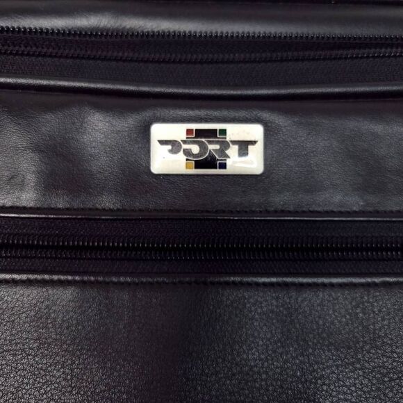 Port Black Leather Briefcase Messenger Bag Body Strap Luggage Travel Vintage - Picture 2 of 8